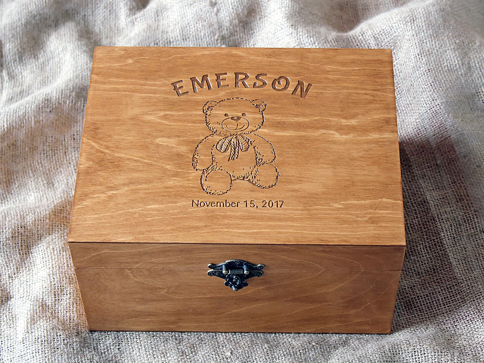 Personalised Engraved Wooden Baby Memory Box Oak//Natural Teddy Bear