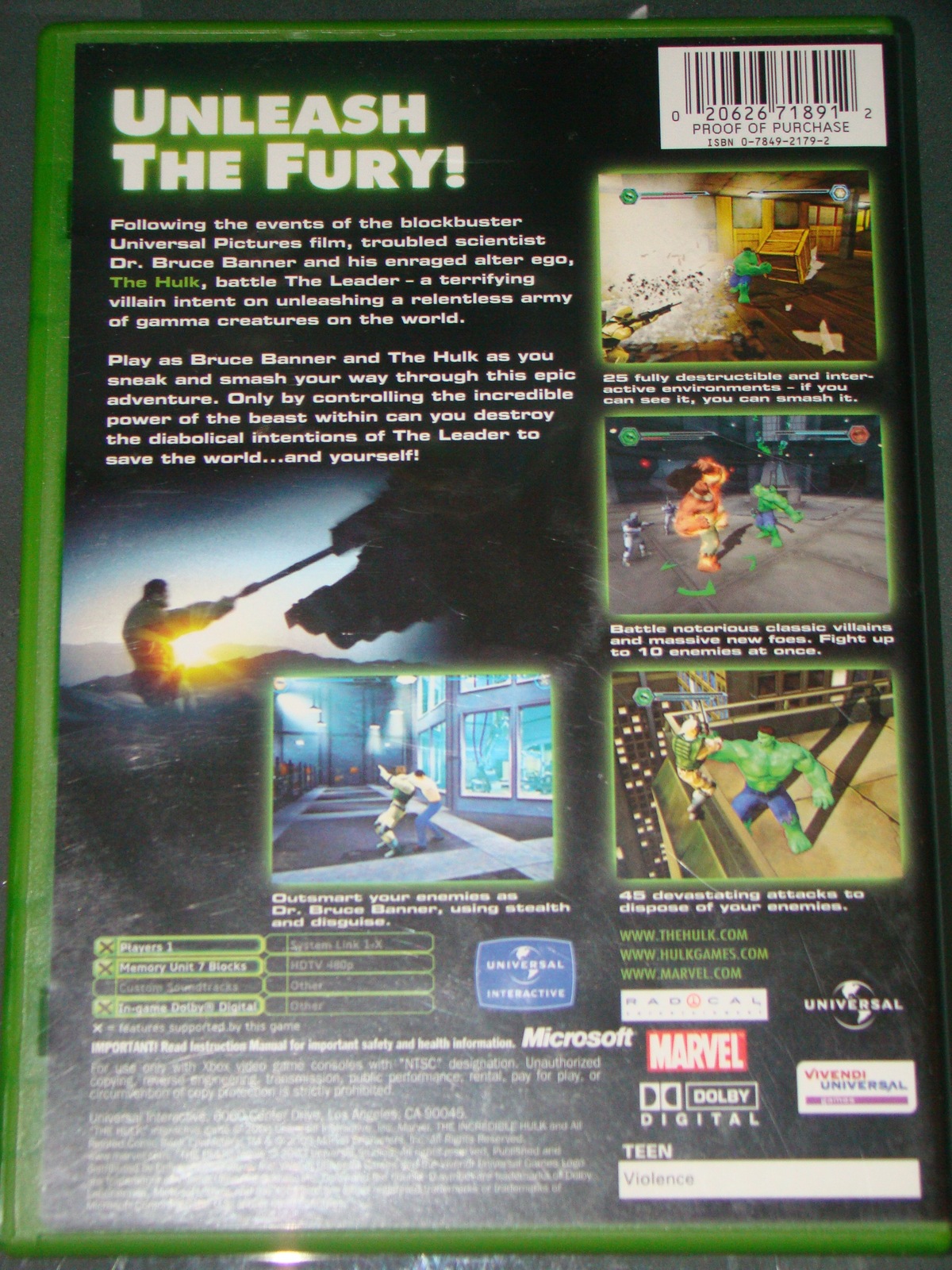 XBOX MARVEL HULK with Instructions) Video Games