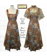 1970s Sheer Overlay Caplet Maxi Dress Brown Blue Cream Roses 5/6 - $122.76
