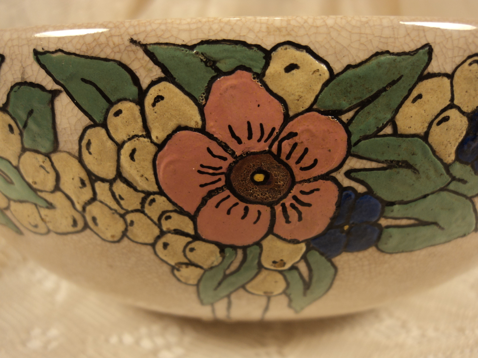 Antique pottery bowl floral design signed Other American Pottery