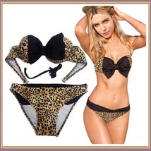 Sexy Big Black Bow Leopard Print Push Up Bandaux Bikini Swim Suit