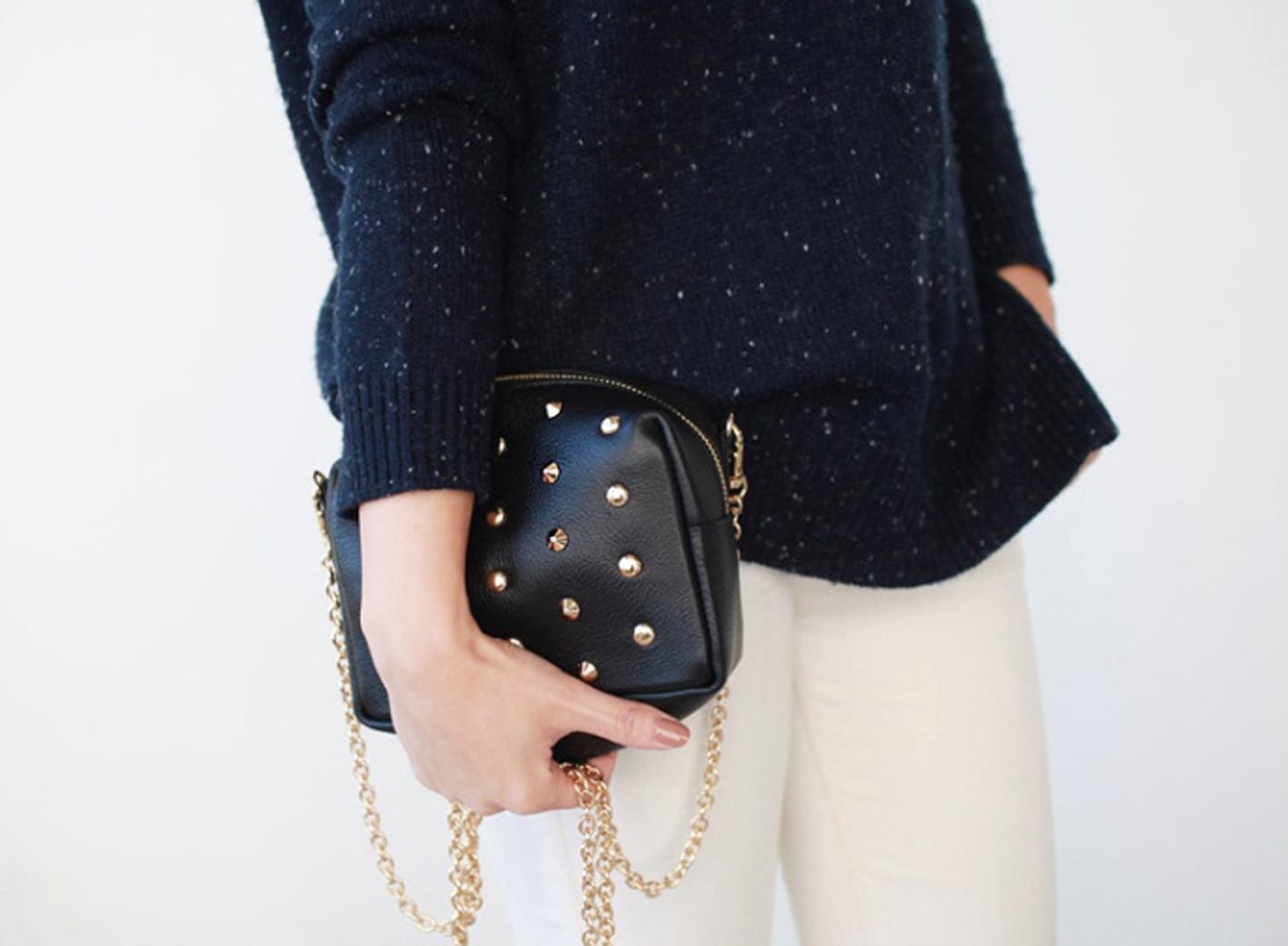 Chic Studded Black Little Purse. Black Genuine Leather Handbag.Studs Clutch Bag - Handbags & Purses