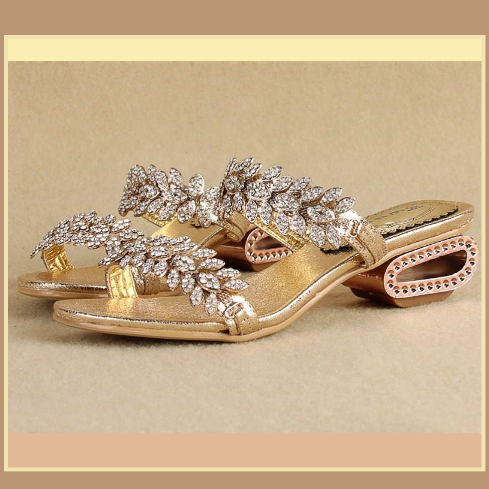 Venusian Gold Leaf Diamond Rhinestone Sheepskin Leather Sandal Bridal Slippers