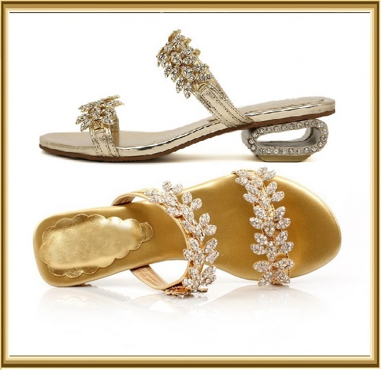 Venusian Gold Leaf Diamond Rhinestone Sheepskin Leather Sandal Bridal ...