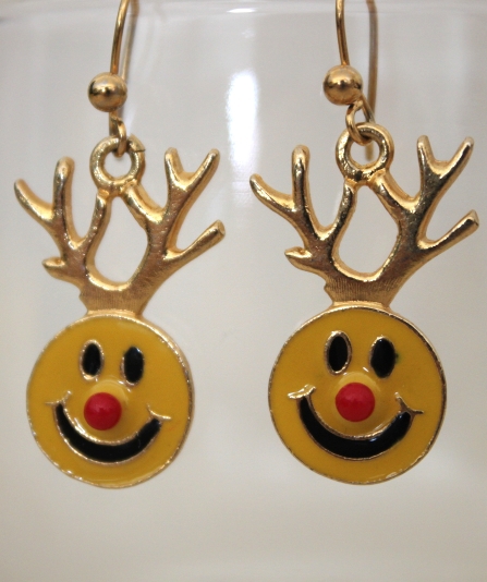 Primary image for Happy Smiley Face Reindeer Gold Christmas Earrings