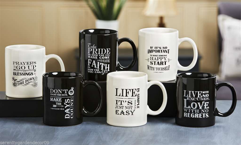 Set of 6 Inspirational Mugs Ceramic Black & Cream 6 Styles