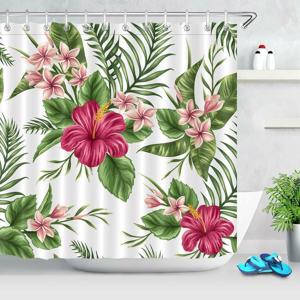 Hibiscus Floral Tropical Fabric Shower Curtain Colorful Water Repellant ...