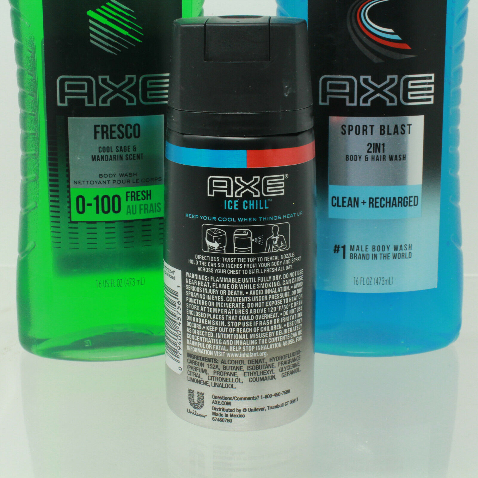 3Pack Axe For Men Fresco Body Wash Sport Blast 2n1 Wash Ice Chill Body