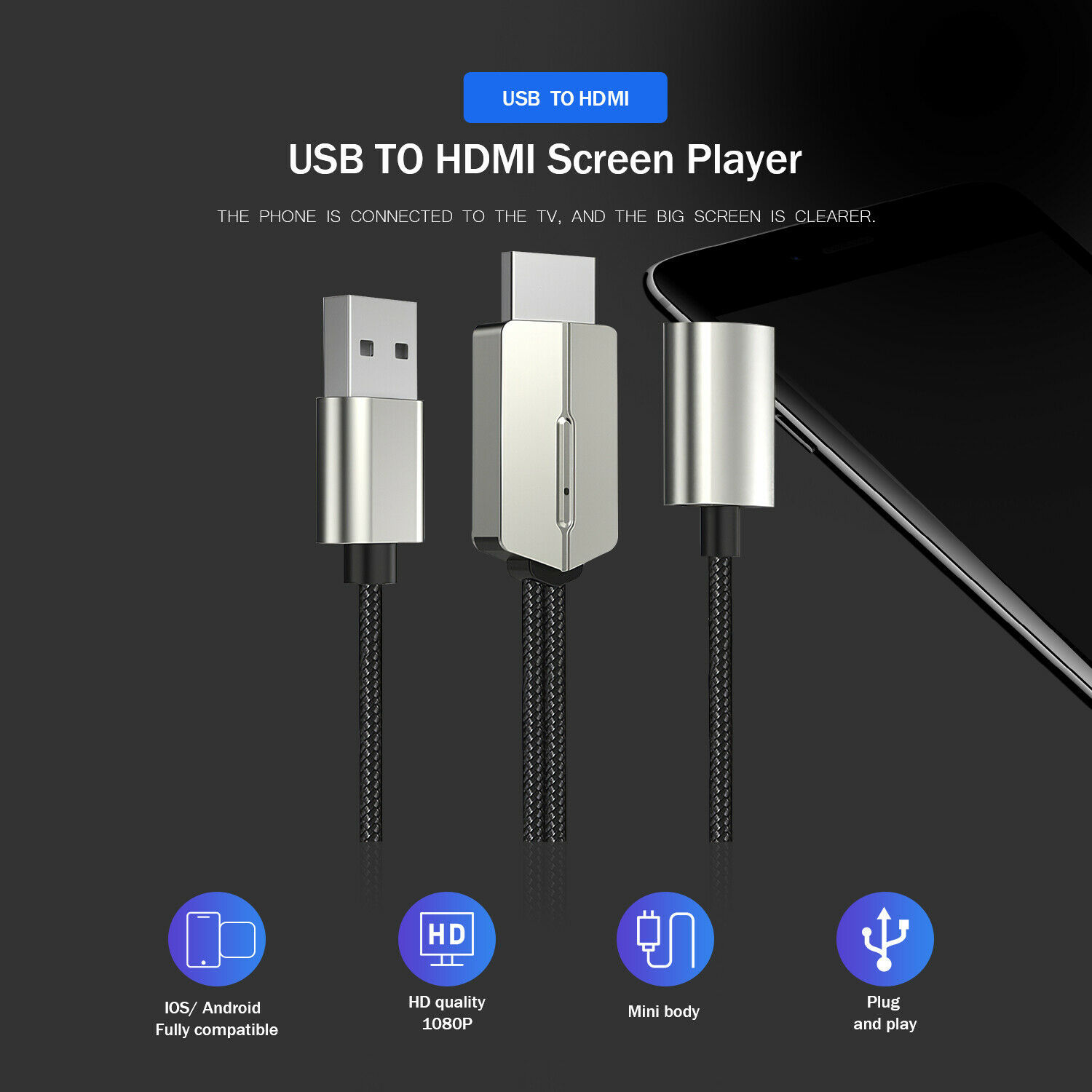 1080P HDMI Mirroring Cable Phone to HDTV Adapter For iPhone/Samsung