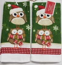 2 SAME KITCHEN TOWELS (15&quot;x25&quot;) CHRISTMAS OWLS IN WINTER CLOTHING ON GRE... - $11.87