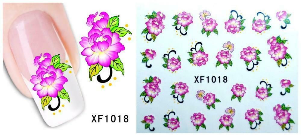 Nail Art Water Transfer Sticker Decal Stickers Pretty Flowers Pink Green XF1018
