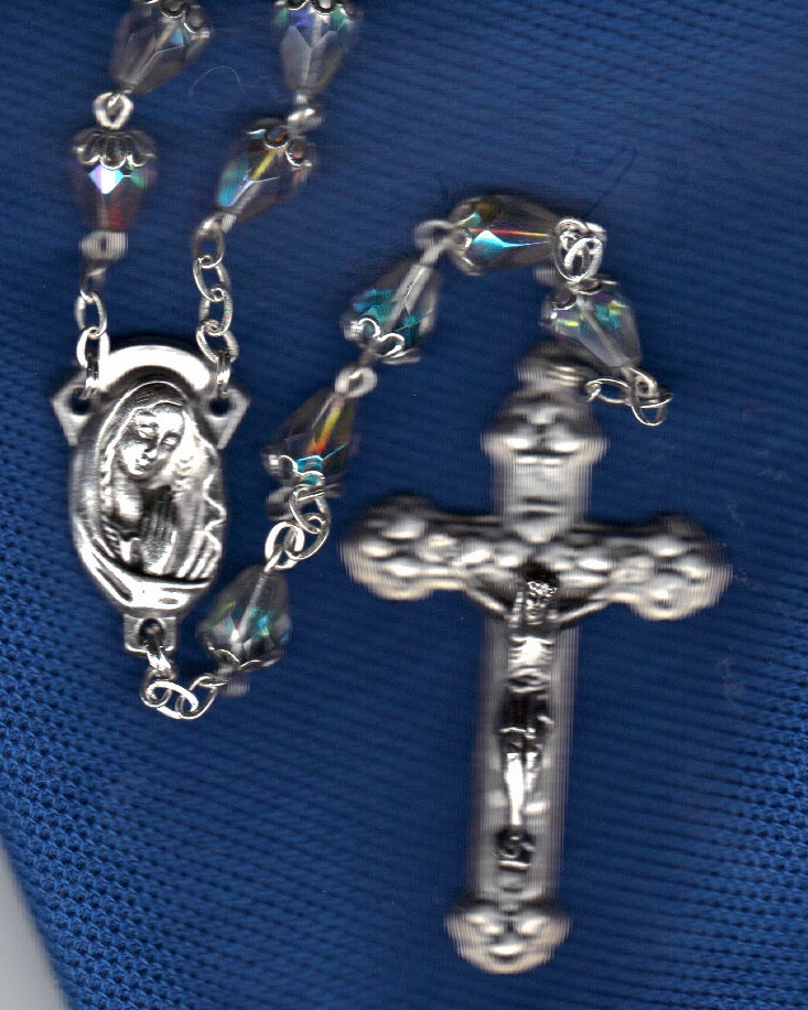 Rosary   clear tear drop  aurora borealis bead with  capped beads mc8c