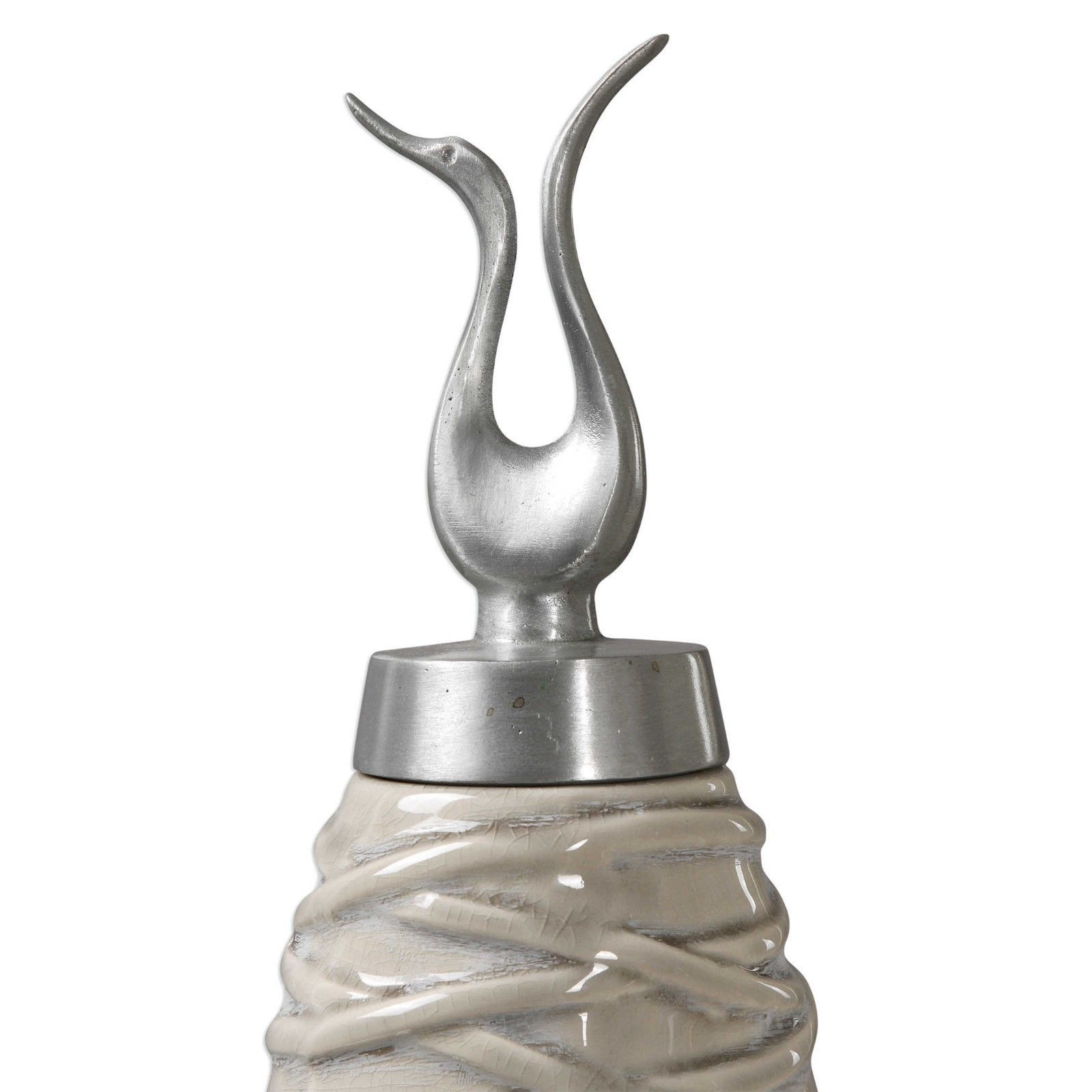 PAIR CRACKLED CERAMIC DECORATIVE URNS CONTAINERS ALUMINUM LIDS CRYSTAL