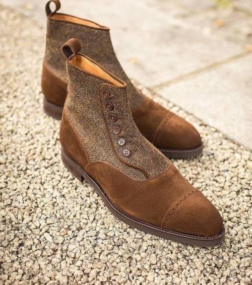 NEW Handmade Brown Beige Suede Tweed Ankle High Boot, Men Dress Designer Button