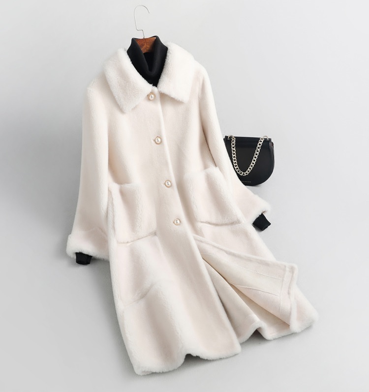 New creamy white shearling wool classic button down long women coat with pockets