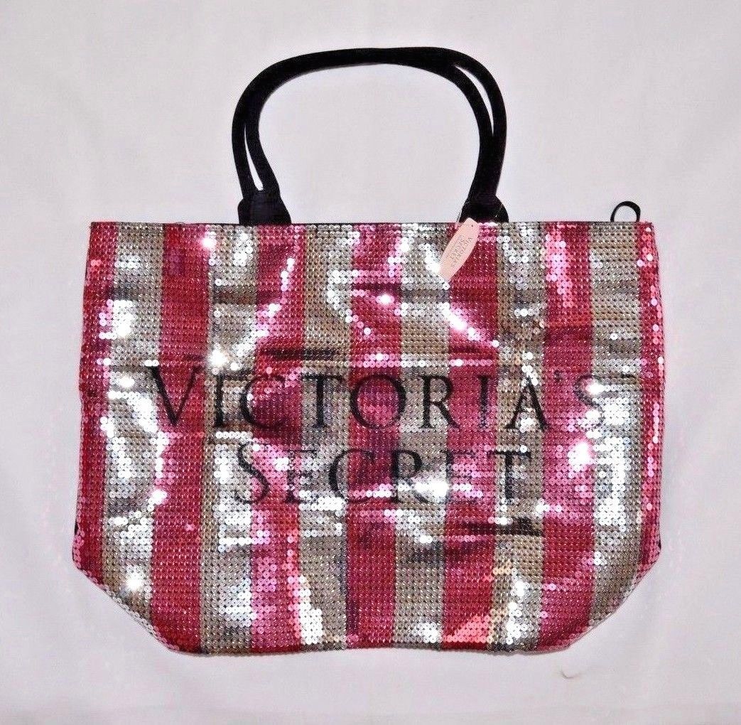 Primary image for VICTORIA'S SECRET Sequin Striped Tote Beach Bag Vacation Purse NEW Shopper Pink