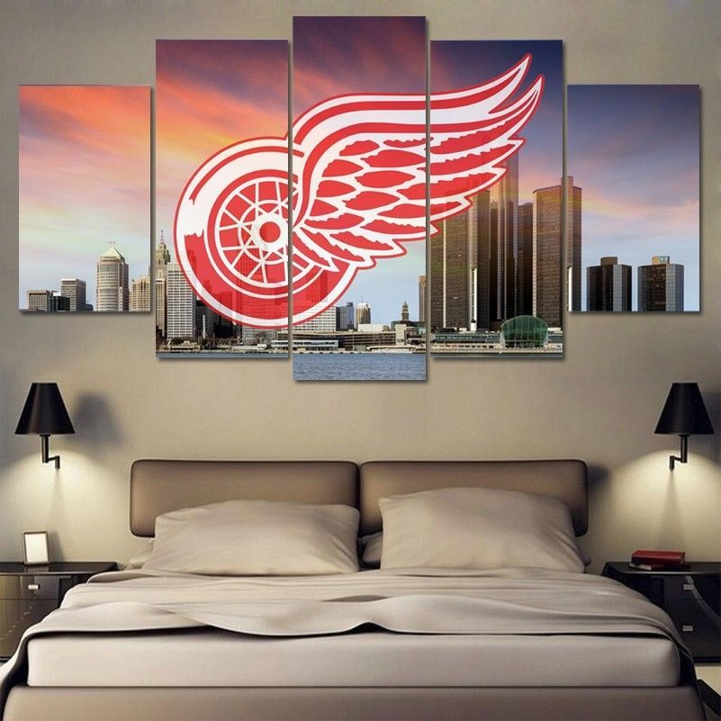 Framed 5 Pieces Detroit Red Wings Hockey Canvas Art Wall Art Picture