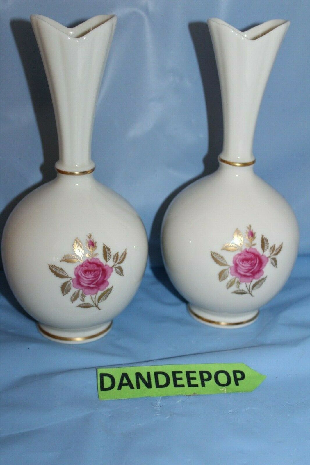 2 Lenox Rose Flower Bud Flower Vase With Heart Shape Top 24K Gold Trim