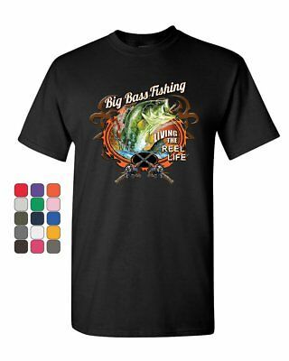 Big Bass Fishing T-Shirt Living the Reel Life Fisherman Spinning Mens Tee Shirt