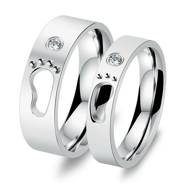 2Pcs Footprints Stainless steel couple ring Promise Matching Engagement Rings