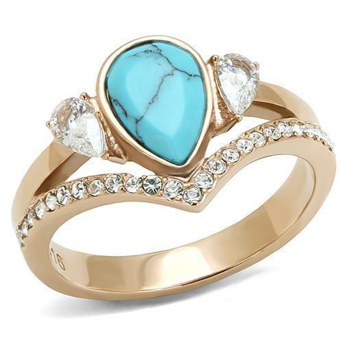 Imitation Turquoise & Clear CZ Ring Rose Gold Plated Stainless Steel TK316