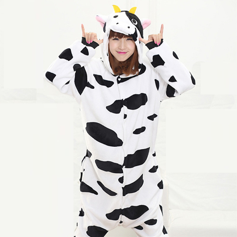 Adults' Kigurumi Pajamas Milk Cow Onesie Pajamas Coral fleece Black Cosplay For