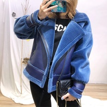 New royal blue faux leather lined shearling women warm jacket winter coat - $158.00