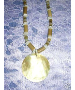 TAN COLOR TUBE &amp; ASST SHAPED SHELL BEADS w ROUND SHELL PENDANT 16&quot; NECKLACE - $7.99