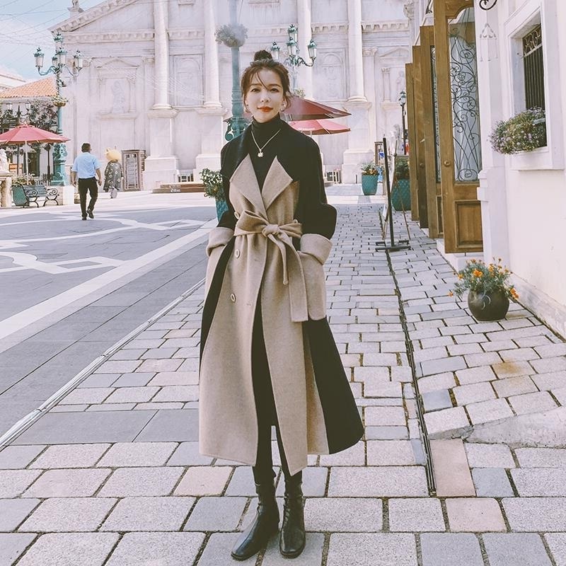 New black and beige woolen classic double sided long women coat with belt