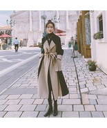 New black and beige woolen classic double sided long women coat with belt - $129.00