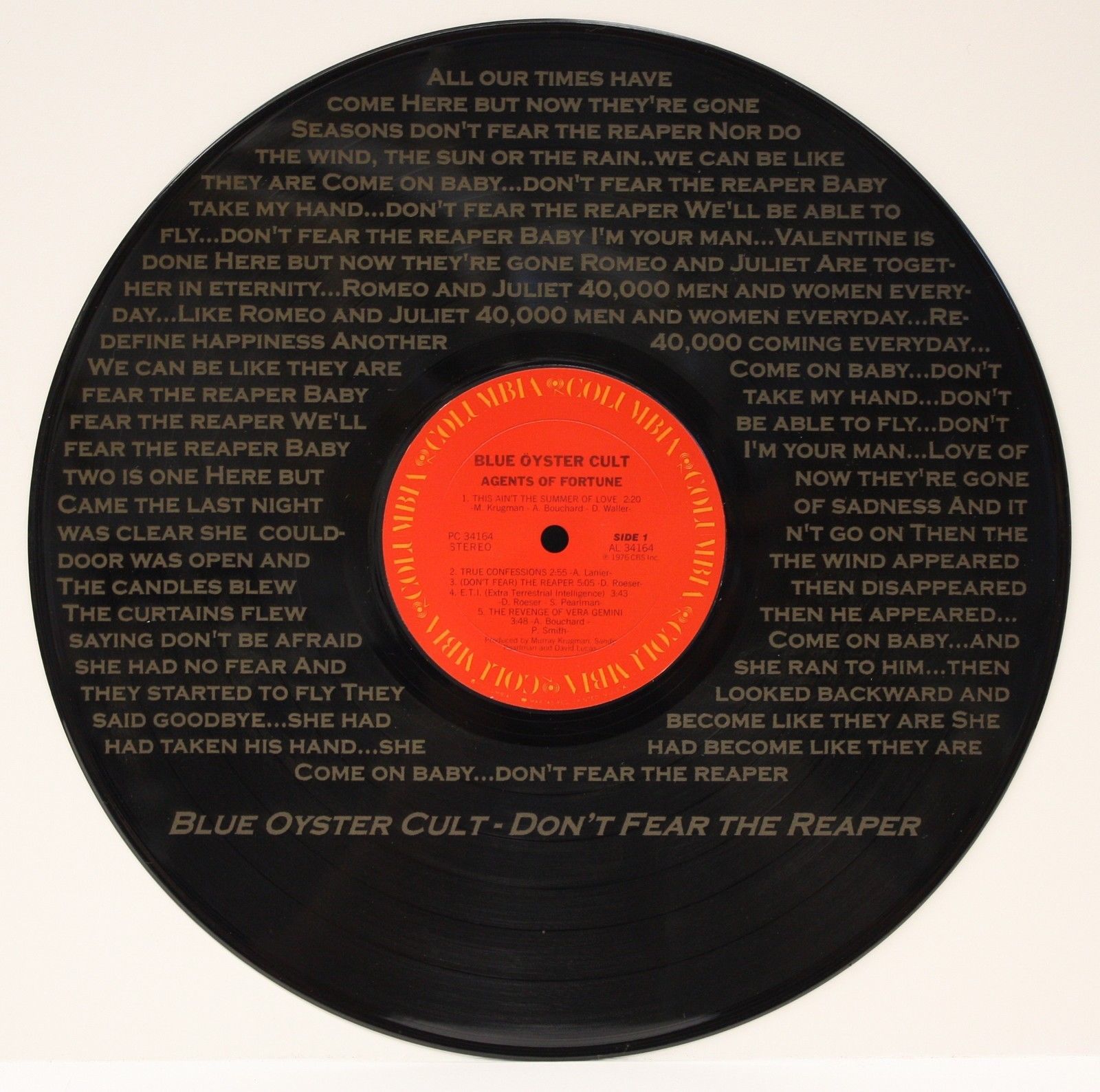 BLUE OYSTER CULT BLACK VINYL LP ETCHED W/ ARTIST'S SONGS LYRICS LTD