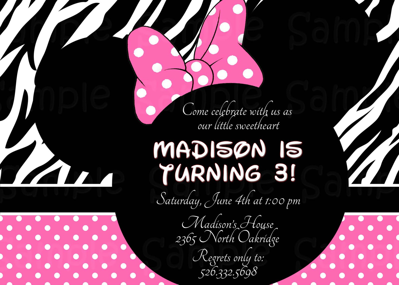 Minnie Mouse Zebra Invitations 1