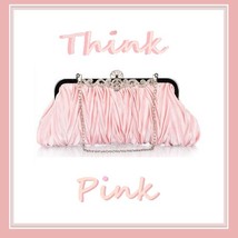 Ruched Pink Silk Satin and Rhinestones Clutch with Chain Evening Party Handbag