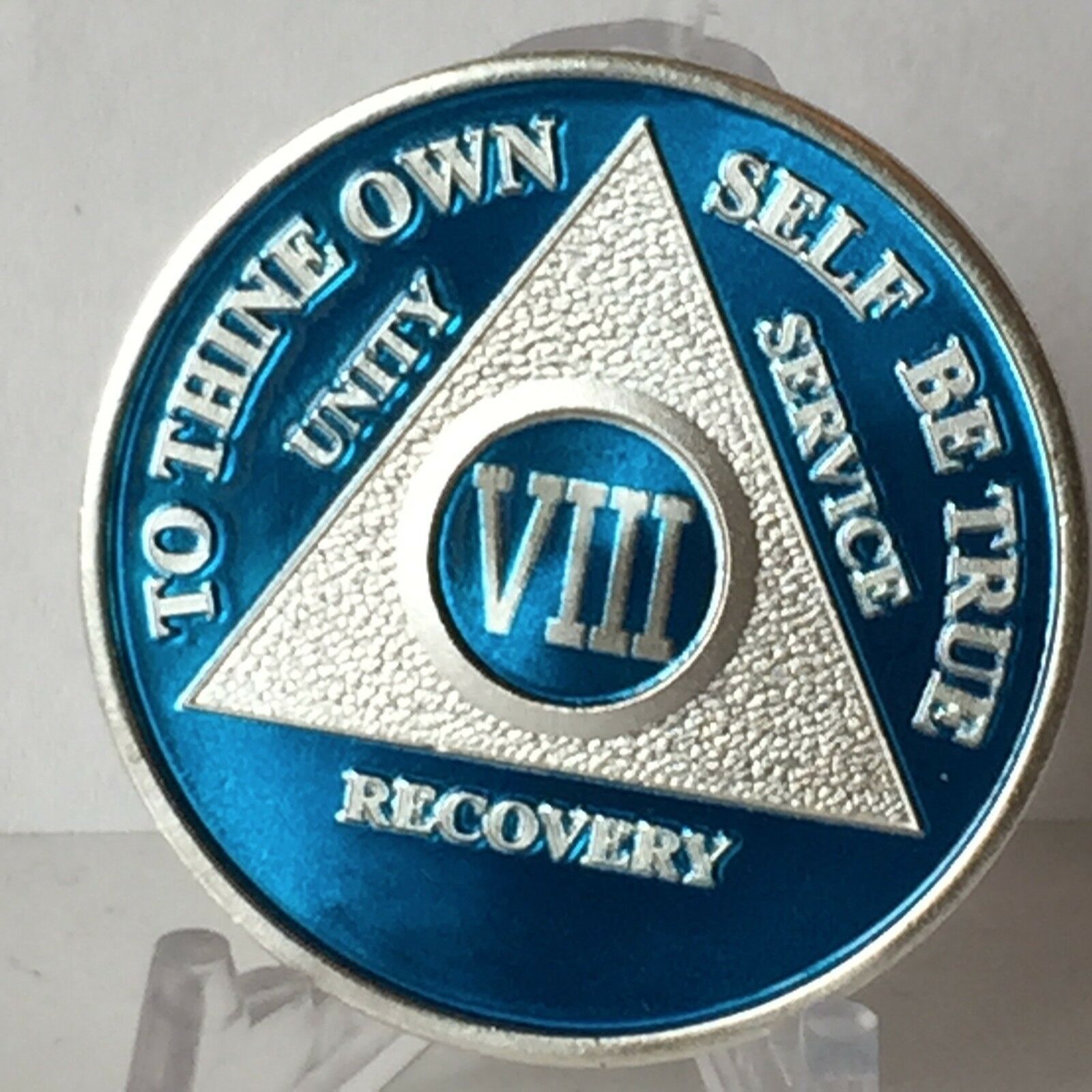 Blue Silver Plated 8 Year AA Chip Alcoholics Anonymous Medallion Coin