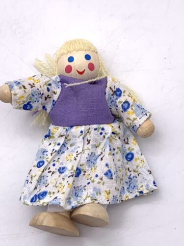 Melissa Doug Family Dollhouse Figure Poseable Wood Girl Doll Blonde Flower Dress - $9.90