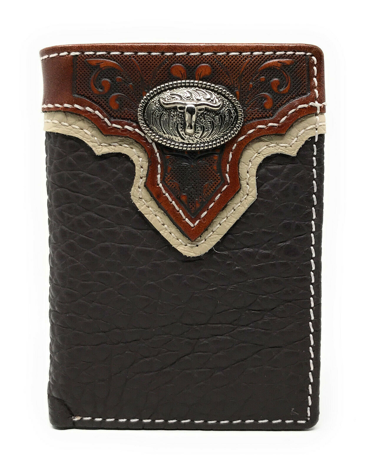 Western Tooled Genuine LeatherLonghorn Men's Short Trifold Wallet in 2 ...