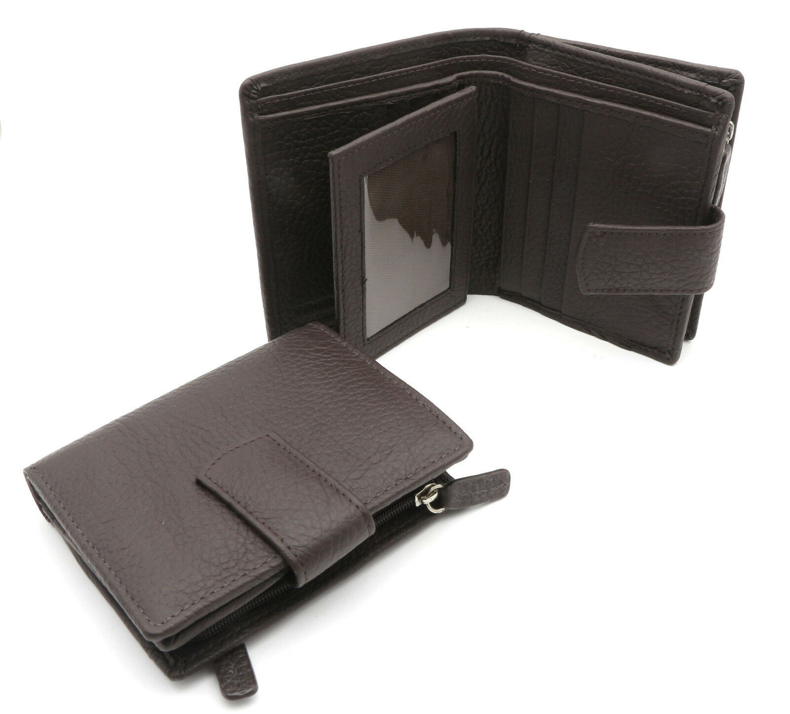 Bifold Dark Brown Leather Compact Wallet with Zipper Pockets on Side