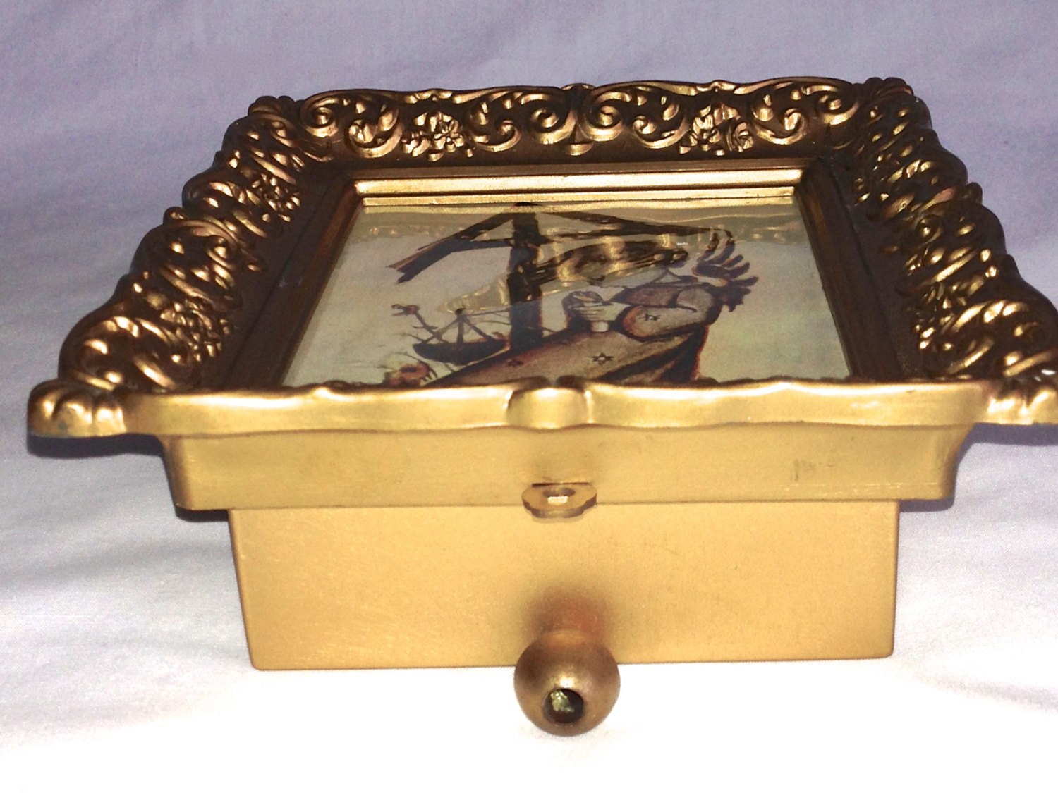 Wall Hanging Music Box Hummel Heavenly Angel Print Ornate Gold Frame