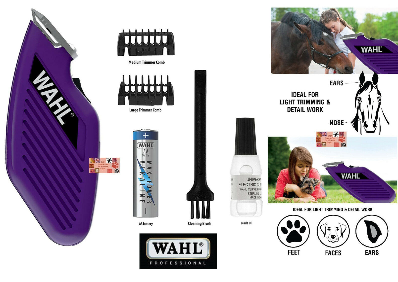 WAHL Cordless Mini Pocket DOG CAT HORSE TRIMMER/Clipper KIT-Blade,Guide Comb SET