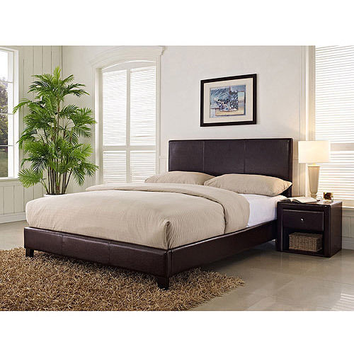 New Brown Leather King Size Platform Bed Headboard Footboard Slats Wood