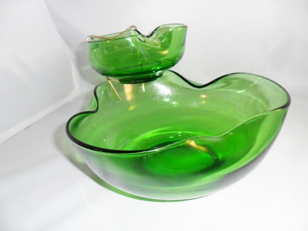 Vintage Anchor Hocking Avocado Green Glass Chip and Dip Set 2 Bowls