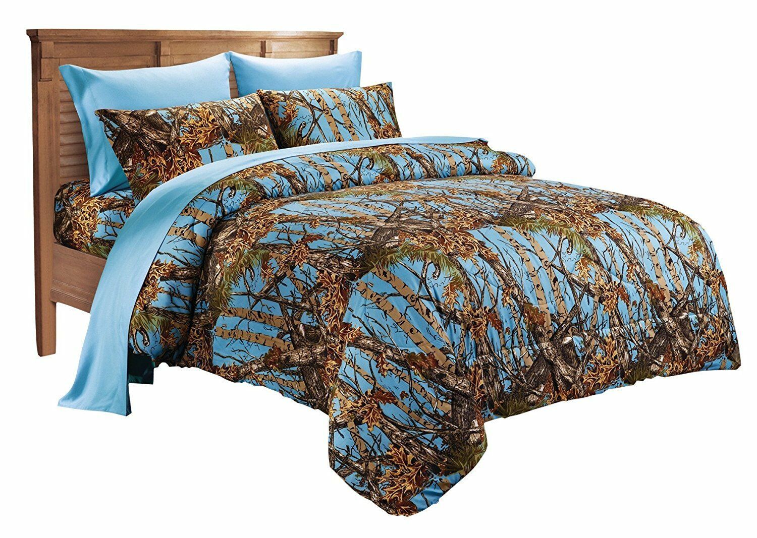 7 PC KING SET!! POWDER BLUE CAMO COMFORTER SHEETS CAMOUFLAGE WESTERN WOODS Comforters & Sets