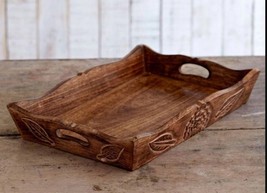 Decorative Trays, Wood Serving Tray with Handles, Vanity Tray, Carved Ca... - $32.95