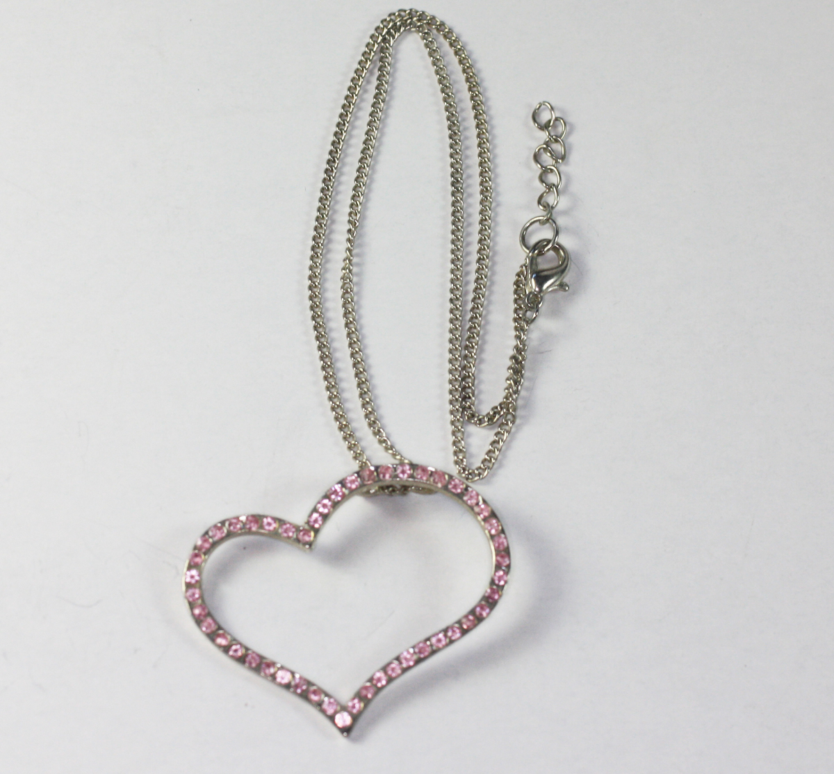 Pink Rhinestone Heart Pendant Necklace Asymmetrical Design Silver Tone