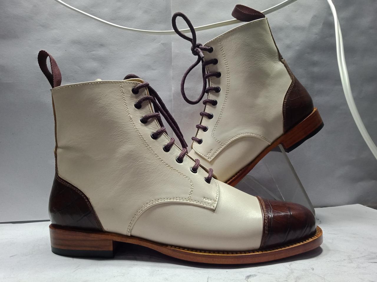Handmade Men's Ankle High Brown White Boots, Men Cap Toe Leather Lace Up Boots