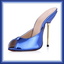 Blue Red Silver Ultra Mirror Peep Toe Slide Boudoir Stiletto Mule Heel Slippers image 2