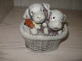 Clay Look Figurine Puppies In A Weave Basket Candy Dish Flower Pot - $7.95