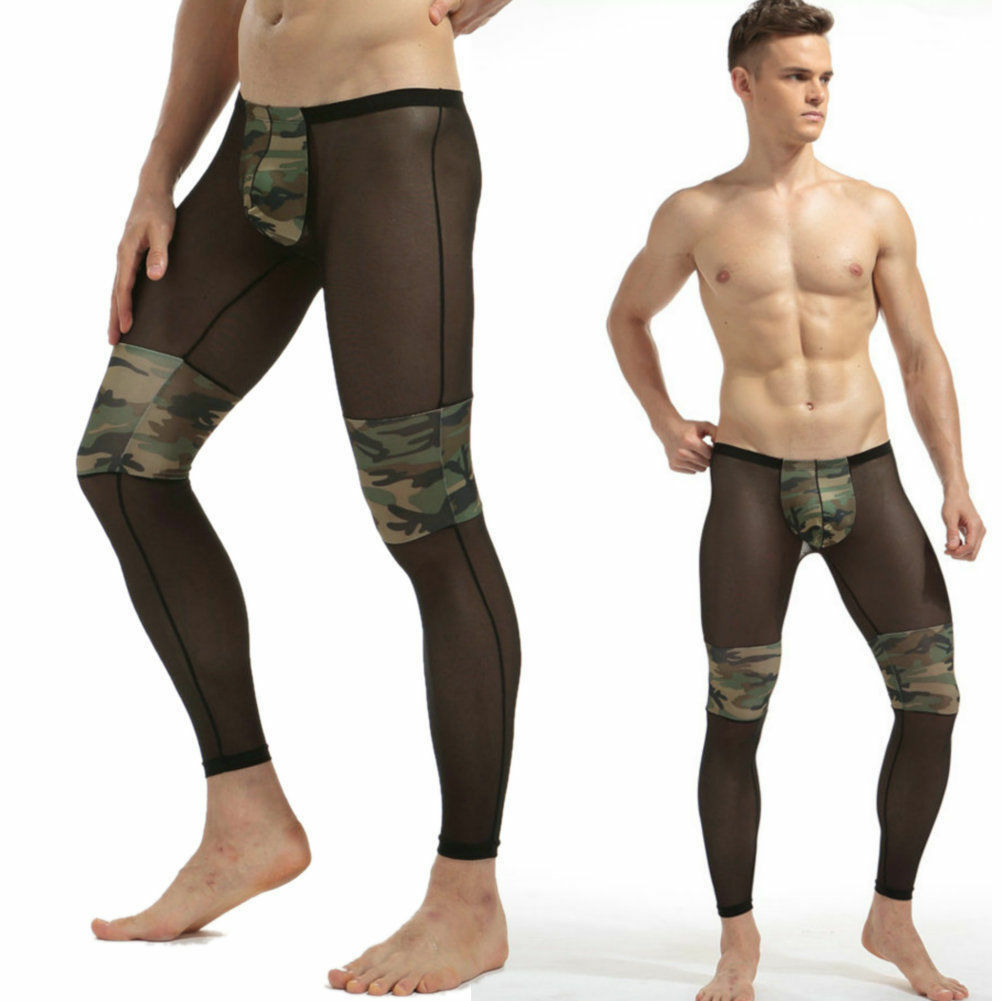 Men's Sexy Long Johns Mesh See-through Underwear Low Rise Lounge Pants Nightwear