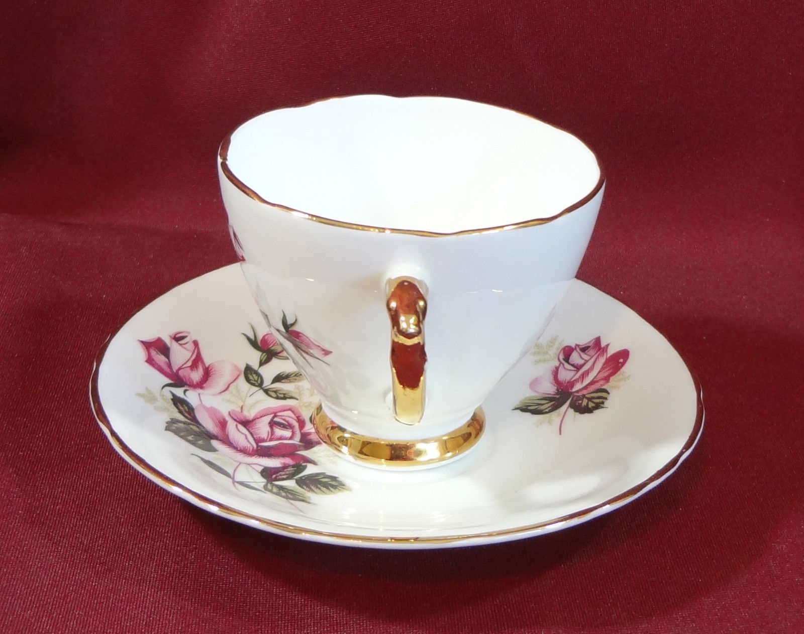 Delphine Bone China Tea Cup and Saucer England Pink Roses Gold Trim