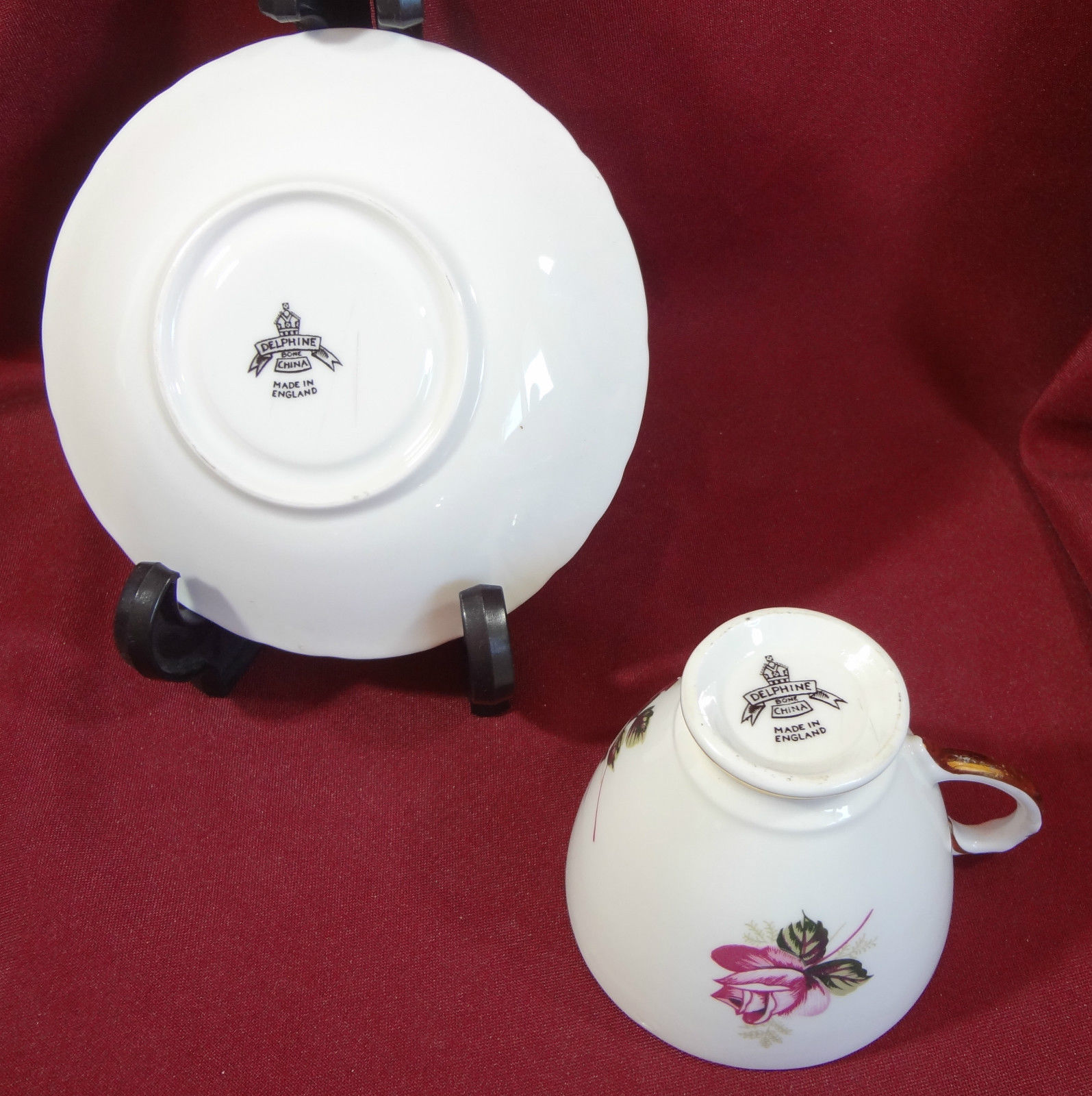 Delphine Bone China Tea Cup and Saucer England Pink Roses Gold Trim